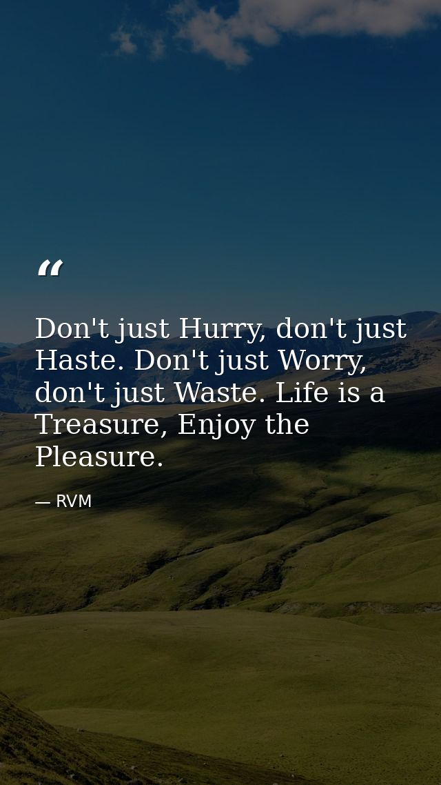 Don't just Hurry, don't just Haste. Don't just Worry, don't just Waste. Life is a Treasure, Enjoy the Pleasure. — RVM