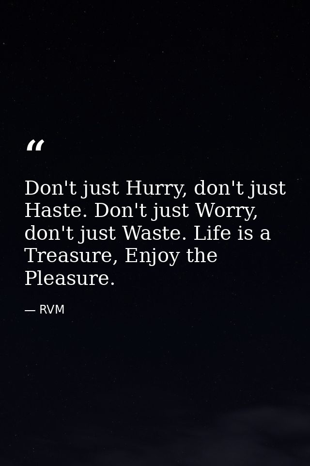 Don't just Hurry, don't just Haste. Don't just Worry, don't just Waste. Life is a Treasure, Enjoy the Pleasure. — RVM