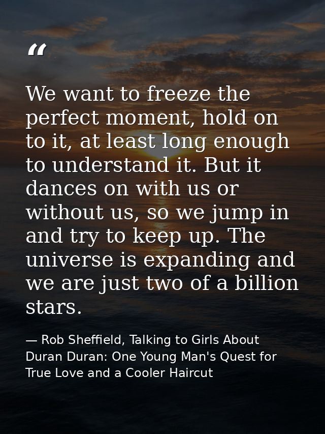 We want to freeze the perfect moment, hold on to it, at least long enough to understand it. But it dances on with us or  — Rob Sheffield, Talking to Girls About Duran Duran: One Young Man's Quest for True Love and a Cooler Haircut