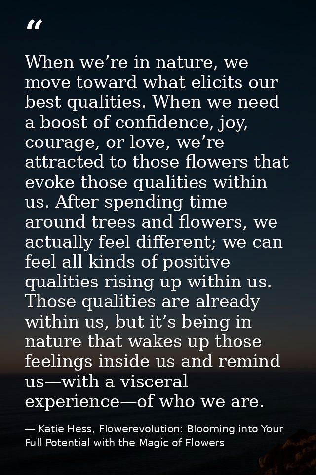 When we’re in nature, we move toward what elicits our best qualities. When we need a boost of confidence, joy, courage,  — Katie Hess, Flowerevolution: Blooming into Your Full Potential with the Magic of Flowers