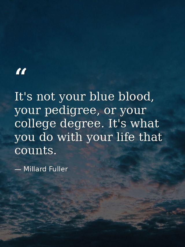 It's not your blue blood, your pedigree, or your college degree. It's what you do with your life that counts. — Millard Fuller