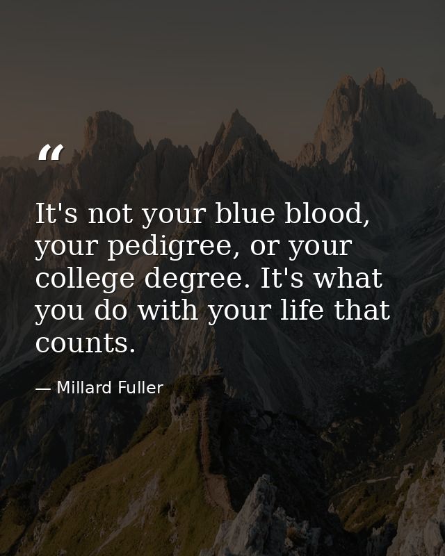 It's not your blue blood, your pedigree, or your college degree. It's what you do with your life that counts. — Millard Fuller