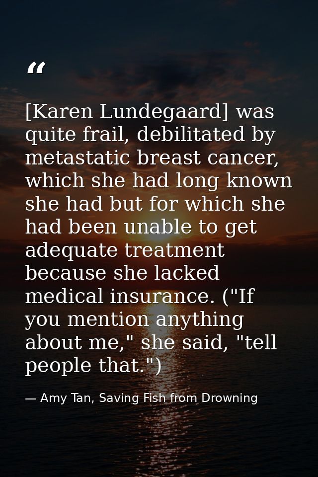 [Karen Lundegaard] was quite frail, debilitated by metastatic breast cancer, which she had long known she had but for wh — Amy Tan, Saving Fish from Drowning