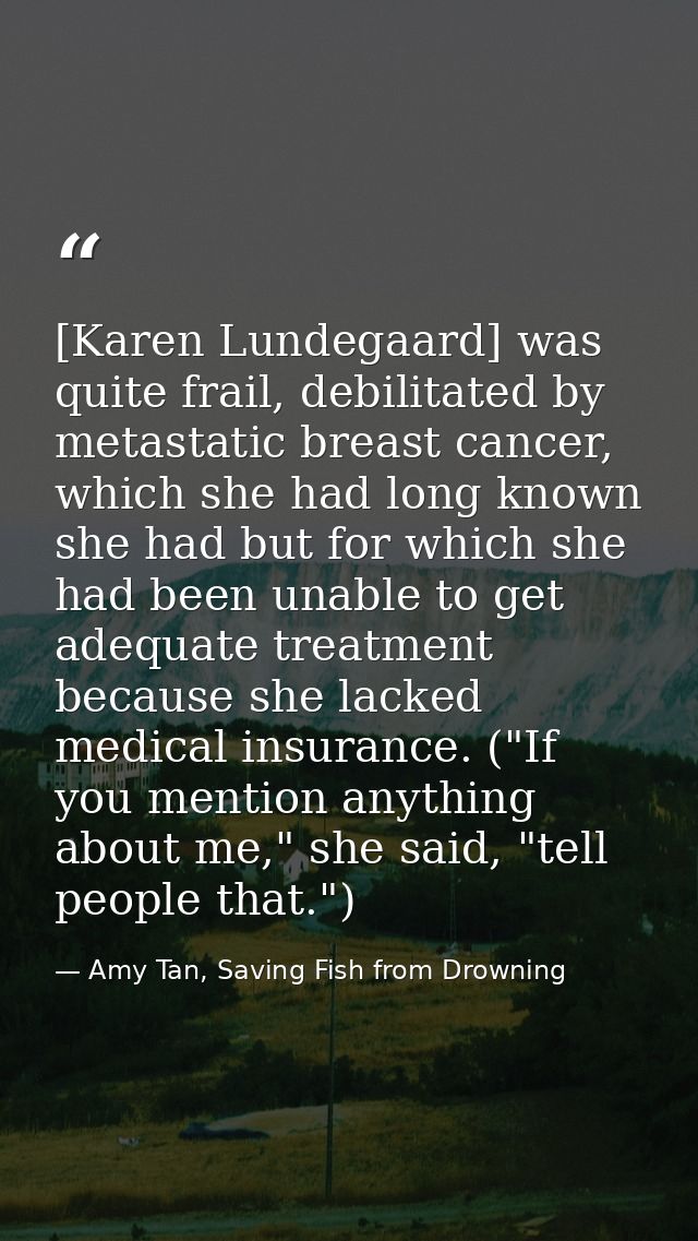 [Karen Lundegaard] was quite frail, debilitated by metastatic breast cancer, which she had long known she had but for wh — Amy Tan, Saving Fish from Drowning