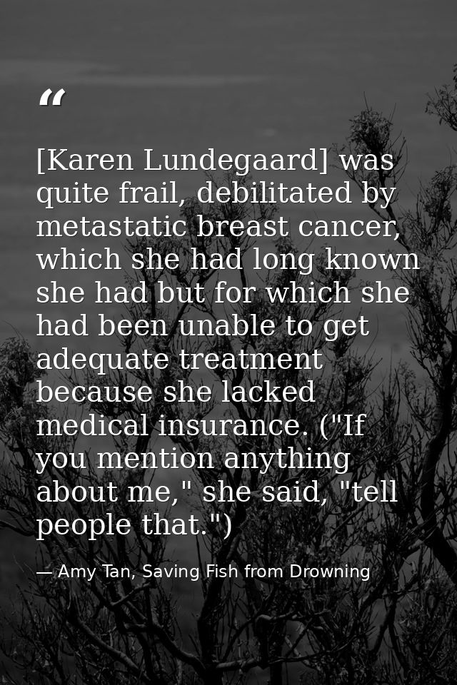 [Karen Lundegaard] was quite frail, debilitated by metastatic breast cancer, which she had long known she had but for wh — Amy Tan, Saving Fish from Drowning