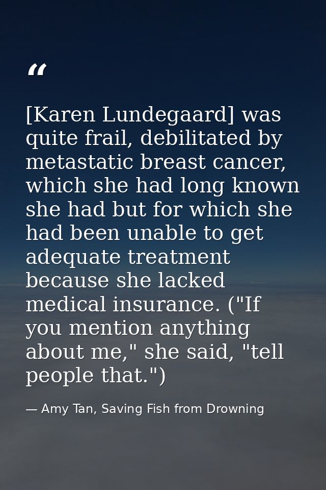 [Karen Lundegaard] was quite frail, debilitated by metastatic breast cancer, which she had long known she had but for wh — Amy Tan, Saving Fish from Drowning