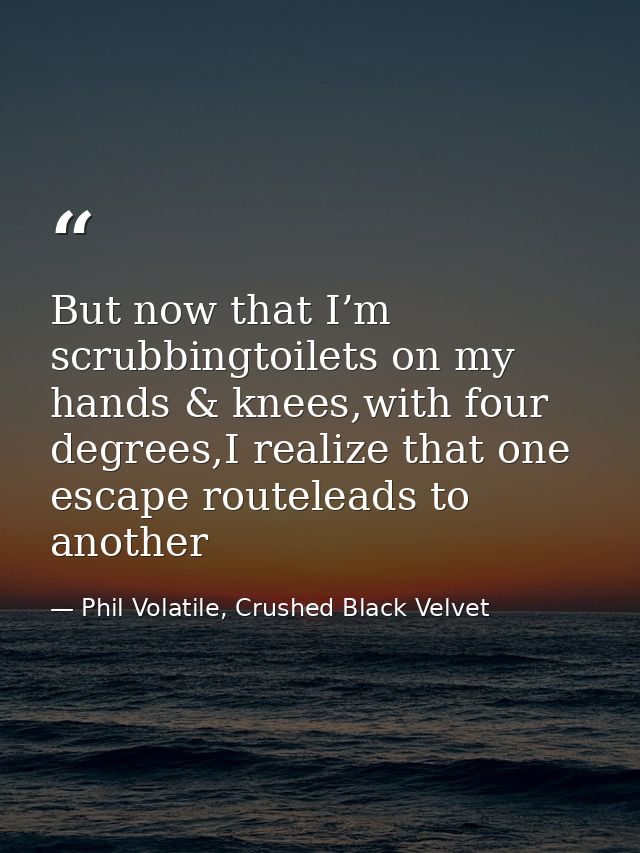 But now that I’m scrubbingtoilets on my hands & knees,with four degrees,I realize that one escape routeleads to another — Phil Volatile, Crushed Black Velvet