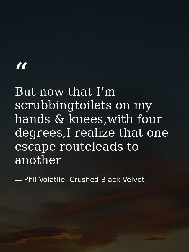 But now that I’m scrubbingtoilets on my hands & knees,with four degrees,I realize that one escape routeleads to another — Phil Volatile, Crushed Black Velvet