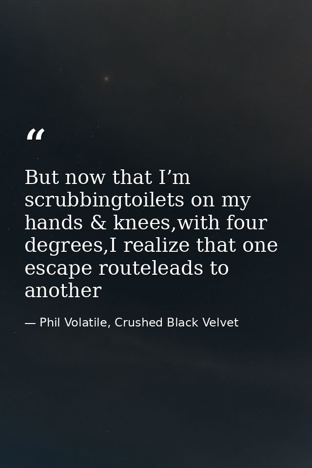 But now that I’m scrubbingtoilets on my hands & knees,with four degrees,I realize that one escape routeleads to another — Phil Volatile, Crushed Black Velvet