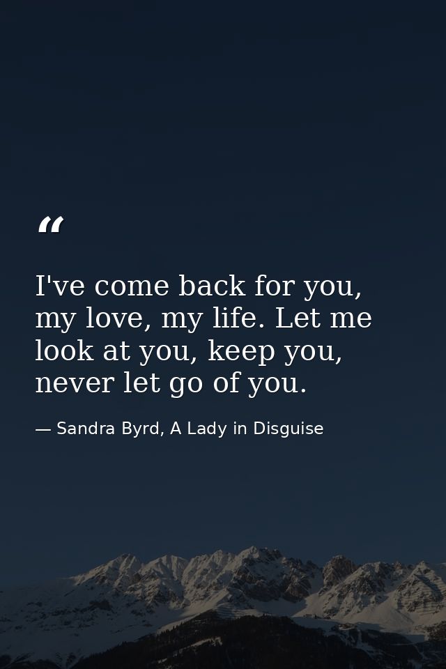 I've come back for you, my love, my life. Let me look at you, keep you, never let go of you. — Sandra Byrd, A Lady in Disguise