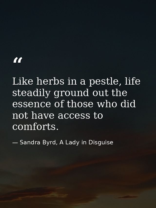Like herbs in a pestle, life steadily ground out the essence of those who did not have access to comforts. — Sandra Byrd, A Lady in Disguise