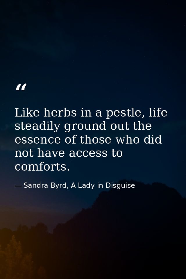 Like herbs in a pestle, life steadily ground out the essence of those who did not have access to comforts. — Sandra Byrd, A Lady in Disguise