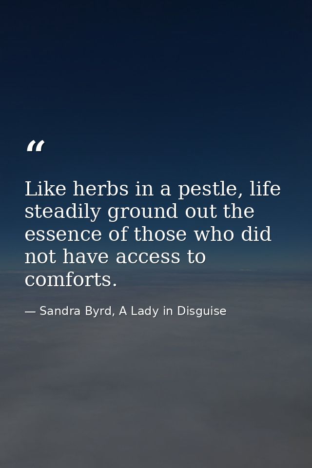 Like herbs in a pestle, life steadily ground out the essence of those who did not have access to comforts. — Sandra Byrd, A Lady in Disguise