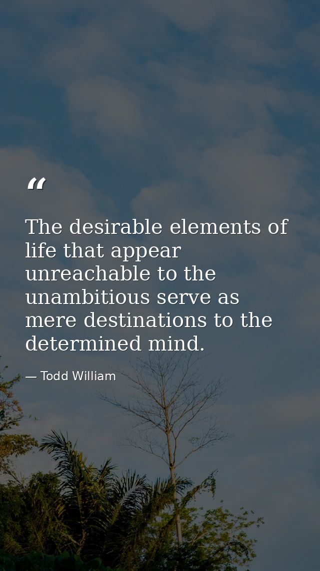 The desirable elements of life that appear unreachable to the unambitious serve as mere destinations to the determined m — Todd William