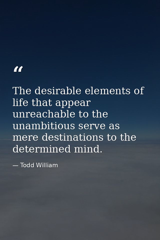 The desirable elements of life that appear unreachable to the unambitious serve as mere destinations to the determined m — Todd William
