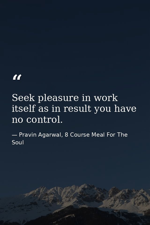 Seek pleasure in work itself as in result you have no control. — Pravin Agarwal, 8 Course Meal For The Soul