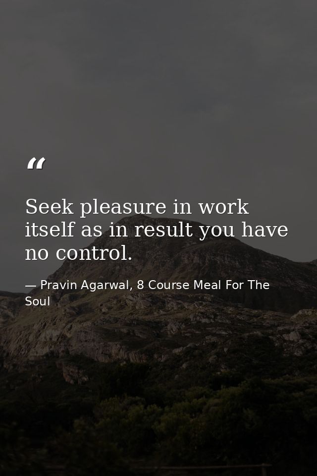 Seek pleasure in work itself as in result you have no control. — Pravin Agarwal, 8 Course Meal For The Soul