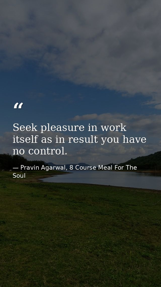 Seek pleasure in work itself as in result you have no control. — Pravin Agarwal, 8 Course Meal For The Soul
