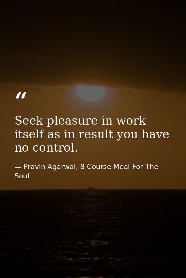 Seek pleasure in work itself as in result you have no control. — Pravin Agarwal, 8 Course Meal For The Soul
