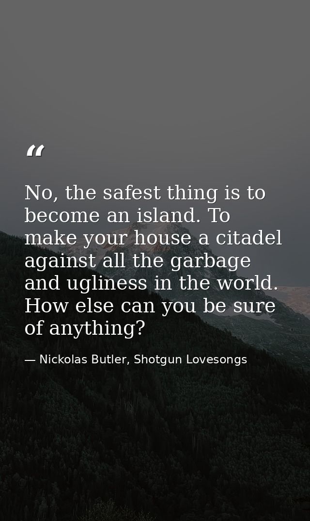 No, the safest thing is to become an island. To make your house a citadel against all the garbage and ugliness in the wo — Nickolas Butler, Shotgun Lovesongs
