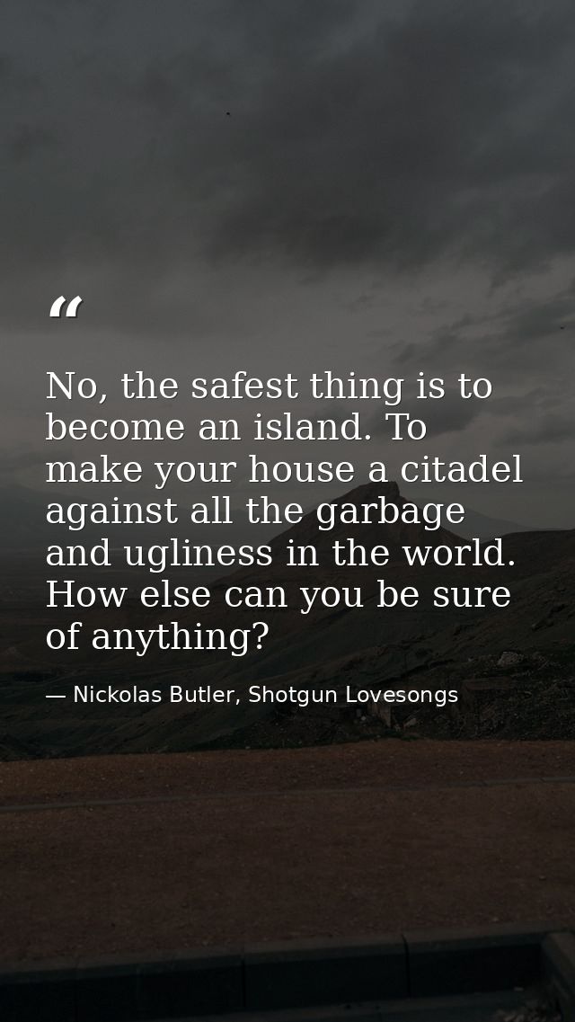 No, the safest thing is to become an island. To make your house a citadel against all the garbage and ugliness in the wo — Nickolas Butler, Shotgun Lovesongs