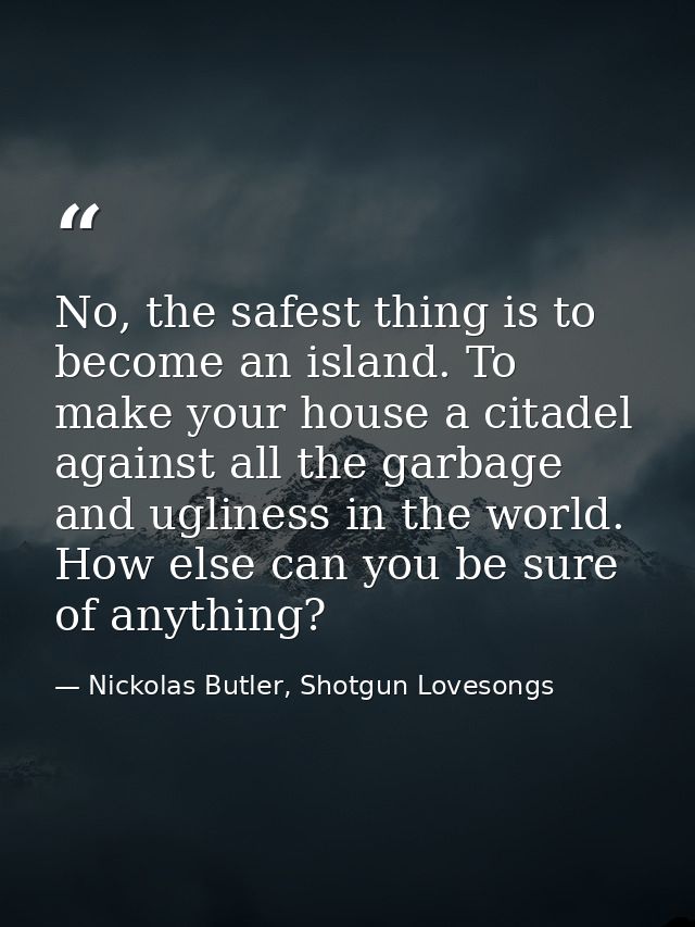 No, the safest thing is to become an island. To make your house a citadel against all the garbage and ugliness in the wo — Nickolas Butler, Shotgun Lovesongs