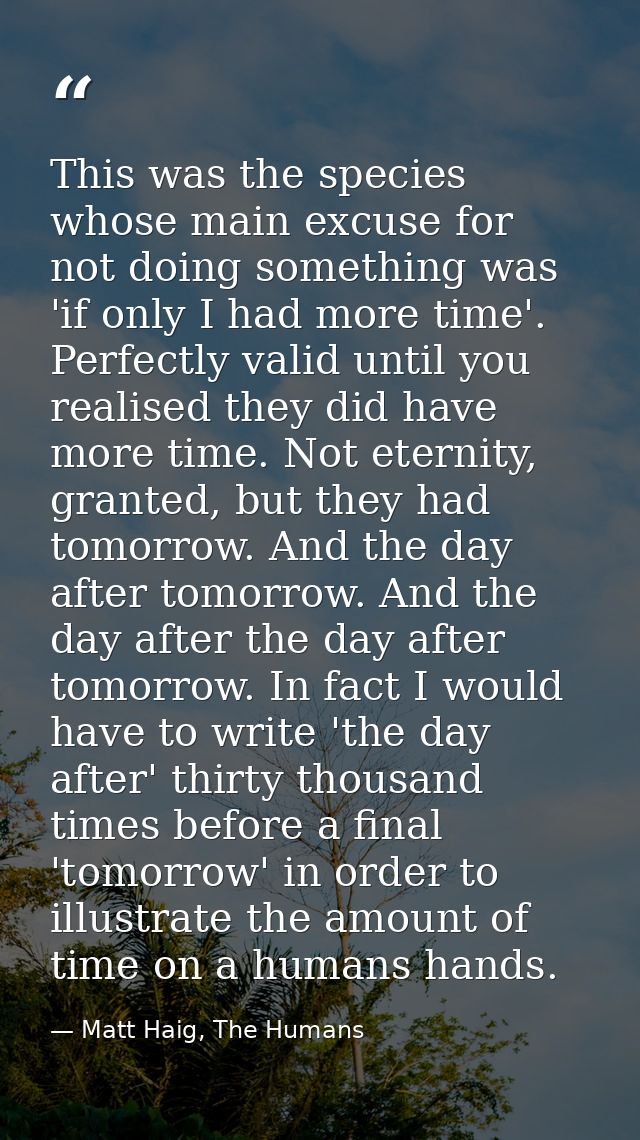 This was the species whose main excuse for not doing something was 'if only I had more time'. Perfectly valid until you  — Matt Haig, The Humans