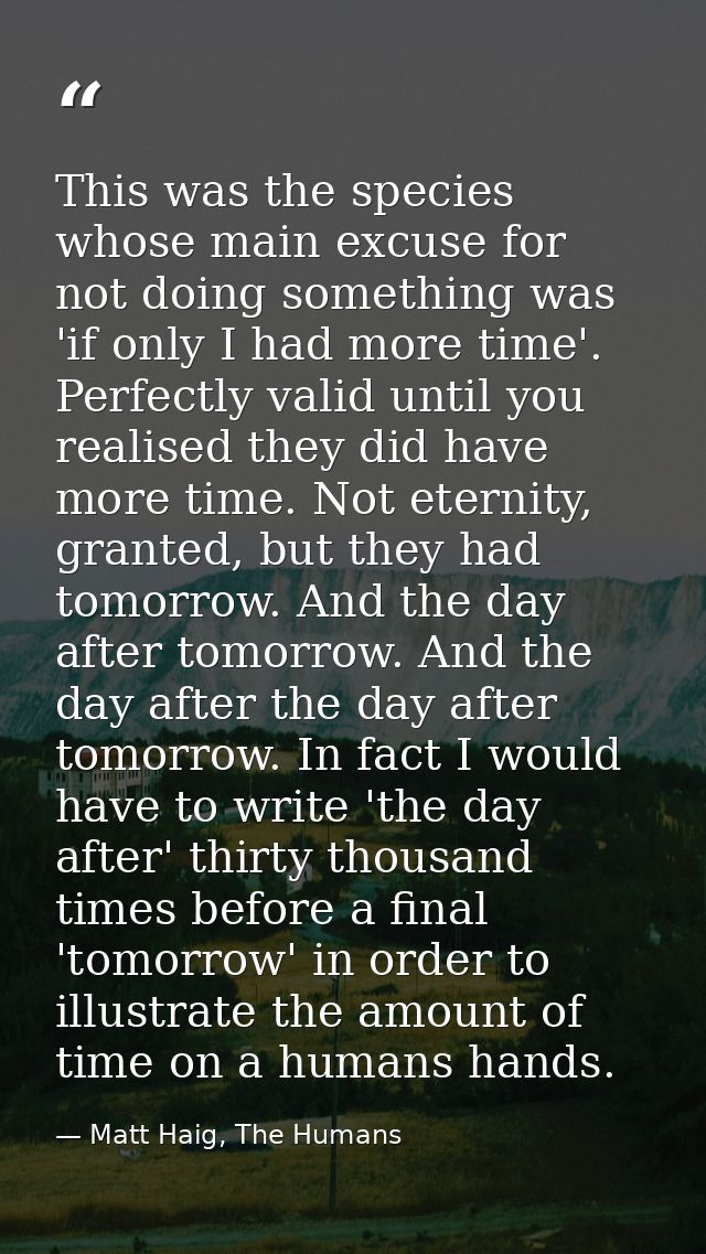 This was the species whose main excuse for not doing something was 'if only I had more time'. Perfectly valid until you  — Matt Haig, The Humans