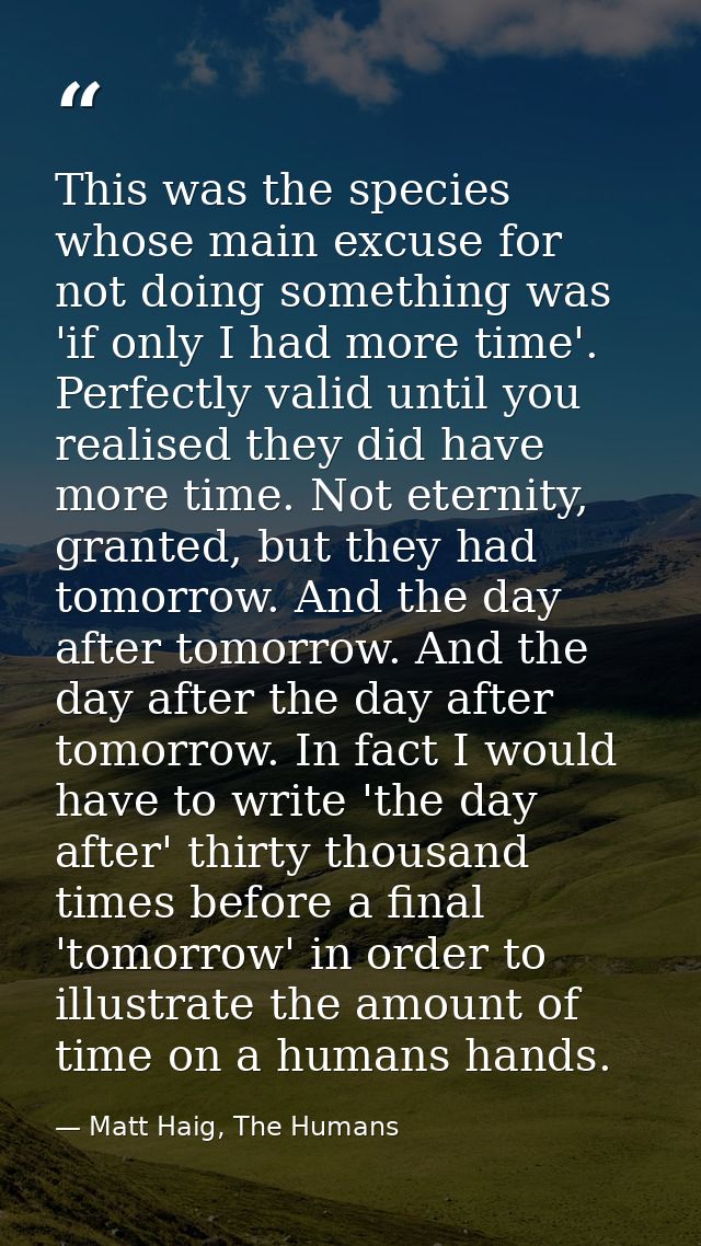 This was the species whose main excuse for not doing something was 'if only I had more time'. Perfectly valid until you  — Matt Haig, The Humans