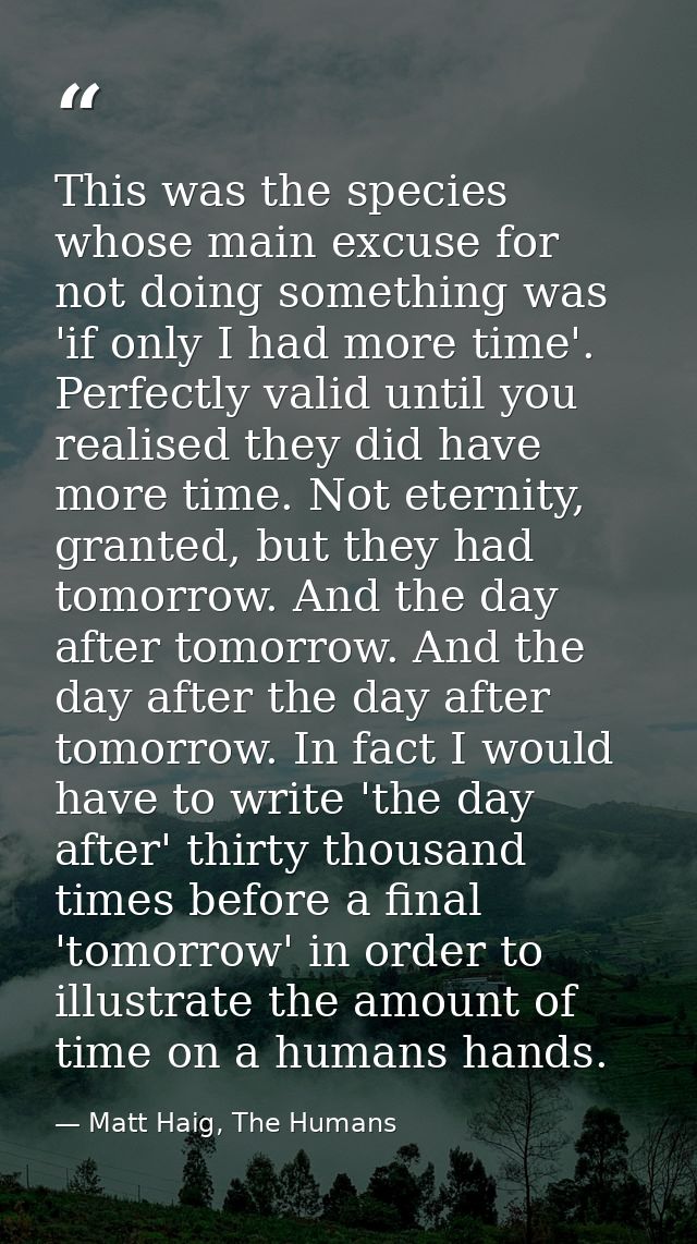 This was the species whose main excuse for not doing something was 'if only I had more time'. Perfectly valid until you  — Matt Haig, The Humans