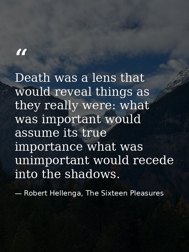 Death was a lens that would reveal things as they really were: what was important would assume its true importance what  — Robert Hellenga, The Sixteen Pleasures