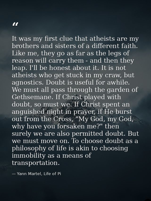 It was my first clue that atheists are my brothers and sisters of a different faith. Like me, they go as far as the legs — Yann Martel, Life of Pi