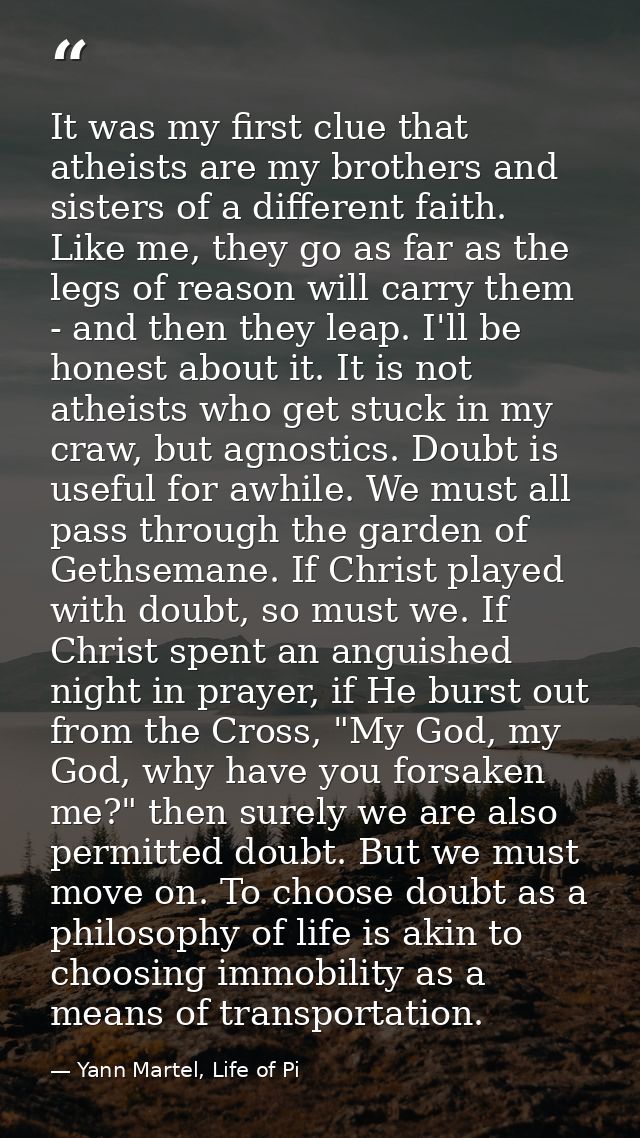 It was my first clue that atheists are my brothers and sisters of a different faith. Like me, they go as far as the legs — Yann Martel, Life of Pi