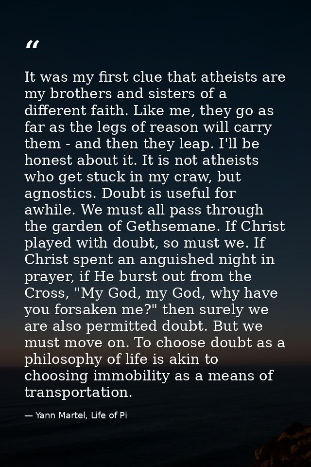 It was my first clue that atheists are my brothers and sisters of a different faith. Like me, they go as far as the legs — Yann Martel, Life of Pi