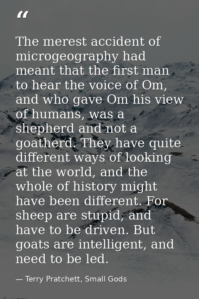 The merest accident of microgeography had meant that the first man to hear the voice of Om, and who gave Om his view of  — Terry Pratchett, Small Gods
