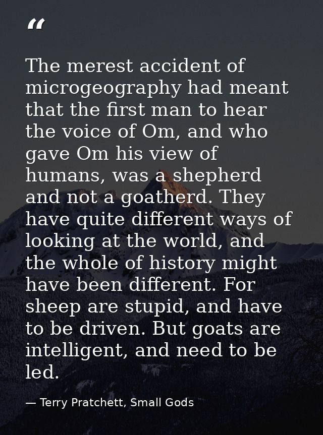 The merest accident of microgeography had meant that the first man to hear the voice of Om, and who gave Om his view of  — Terry Pratchett, Small Gods