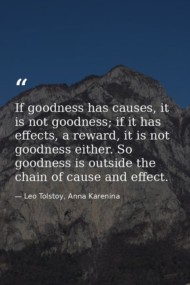 If goodness has causes, it is not goodness; if it has effects, a reward, it is not goodness either. So goodness is outsi — Leo Tolstoy, Anna Karenina