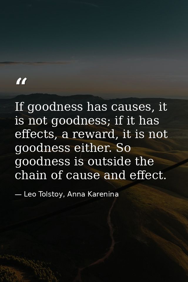 If goodness has causes, it is not goodness; if it has effects, a reward, it is not goodness either. So goodness is outsi — Leo Tolstoy, Anna Karenina