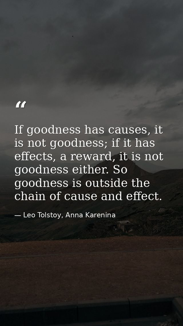 If goodness has causes, it is not goodness; if it has effects, a reward, it is not goodness either. So goodness is outsi — Leo Tolstoy, Anna Karenina