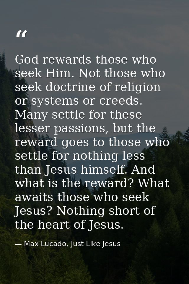 God rewards those who seek Him. Not those who seek doctrine of religion or systems or creeds. Many settle for these less — Max Lucado, Just Like Jesus