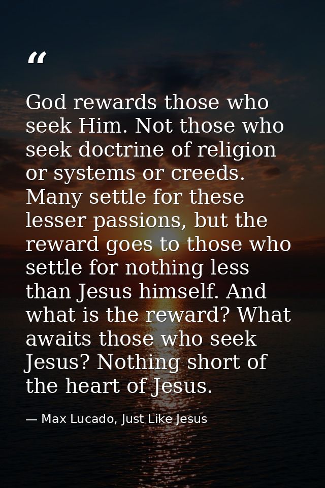 God rewards those who seek Him. Not those who seek doctrine of religion or systems or creeds. Many settle for these less — Max Lucado, Just Like Jesus