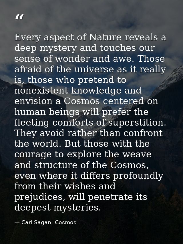 Every aspect of Nature reveals a deep mystery and touches our sense of wonder and awe. Those afraid of the universe as i — Carl Sagan, Cosmos