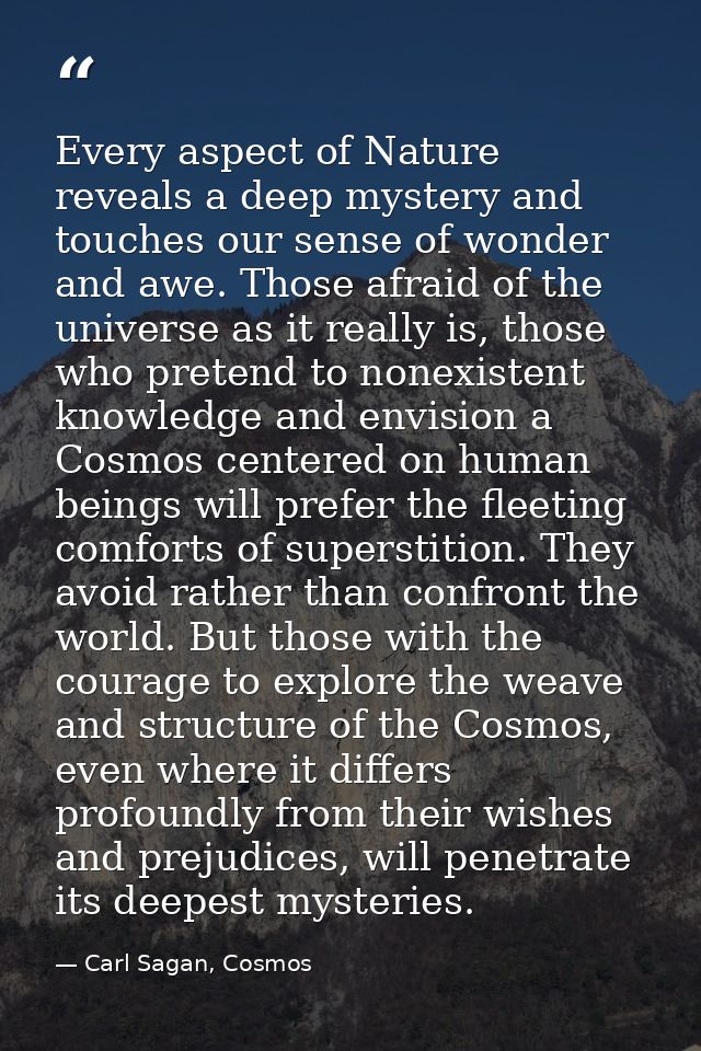 Every aspect of Nature reveals a deep mystery and touches our sense of wonder and awe. Those afraid of the universe as i — Carl Sagan, Cosmos