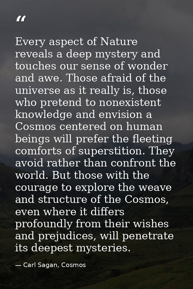Every aspect of Nature reveals a deep mystery and touches our sense of wonder and awe. Those afraid of the universe as i — Carl Sagan, Cosmos