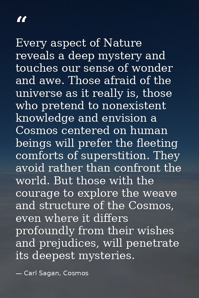 Every aspect of Nature reveals a deep mystery and touches our sense of wonder and awe. Those afraid of the universe as i — Carl Sagan, Cosmos