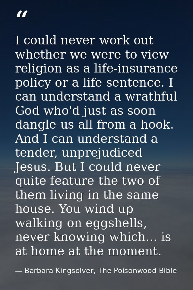 I could never work out whether we were to view religion as a life-insurance policy or a life sentence. I can understand  — Barbara Kingsolver, The Poisonwood Bible