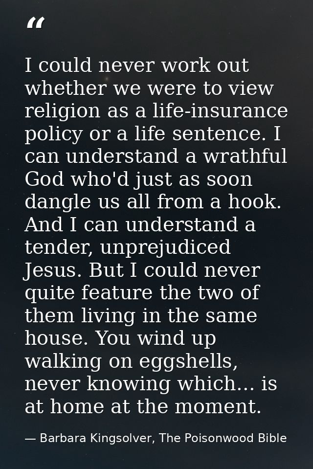 I could never work out whether we were to view religion as a life-insurance policy or a life sentence. I can understand  — Barbara Kingsolver, The Poisonwood Bible