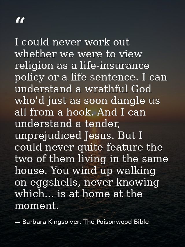 I could never work out whether we were to view religion as a life-insurance policy or a life sentence. I can understand  — Barbara Kingsolver, The Poisonwood Bible