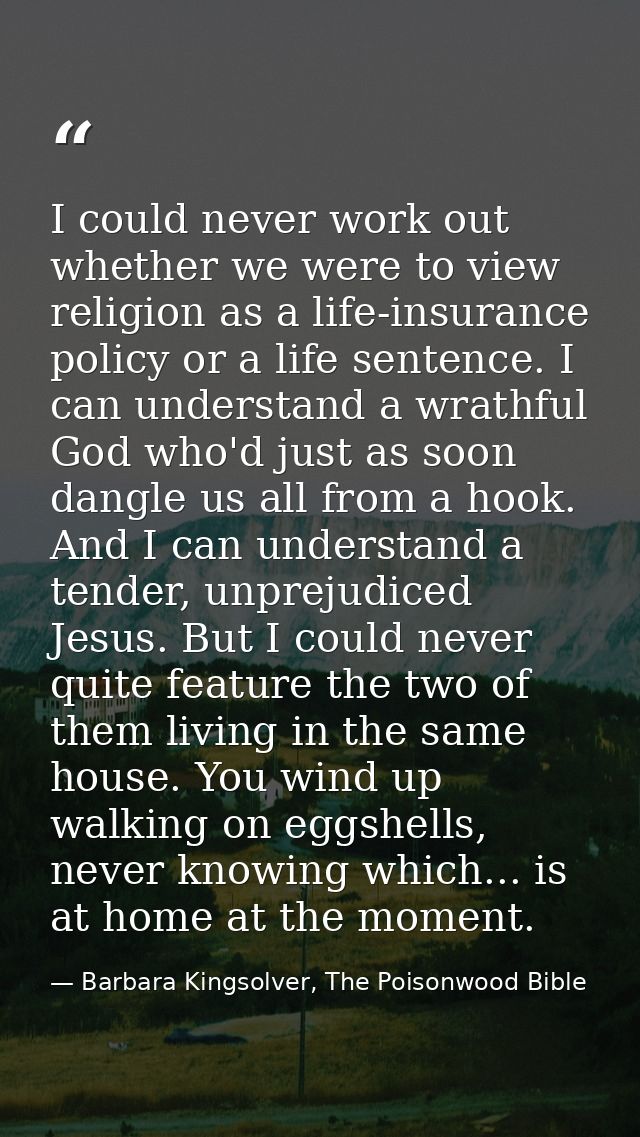 I could never work out whether we were to view religion as a life-insurance policy or a life sentence. I can understand  — Barbara Kingsolver, The Poisonwood Bible
