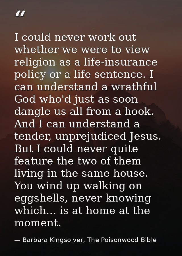 I could never work out whether we were to view religion as a life-insurance policy or a life sentence. I can understand  — Barbara Kingsolver, The Poisonwood Bible